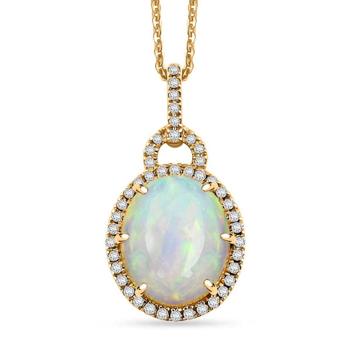 Certified & Appraised Luxoro AAA Ethiopian Welo Opal and G-H I2 Diamond 3.60 ctw Pendant Necklace in 10K Yellow Gold 18 Inches