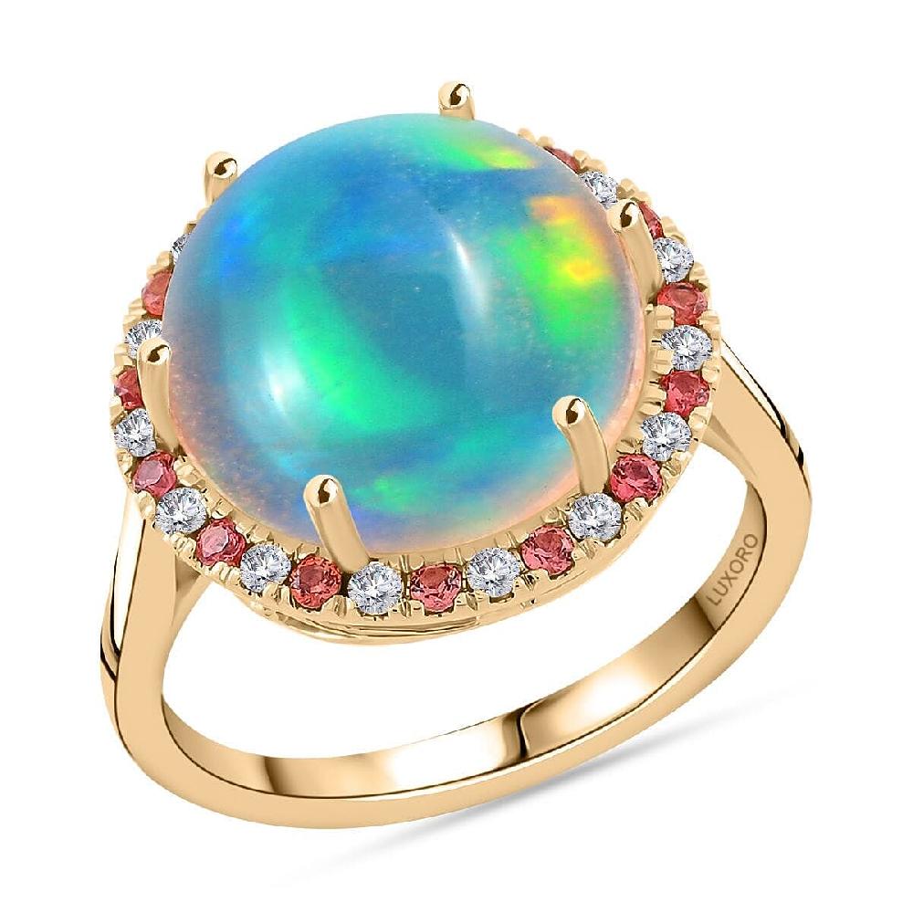 Certified & Appraised Luxoro AAA Ethiopian Welo Opal Padparadscha Sapphire and G-H I2 Diamond 7.30 ctw Ring in 14K Yellow Gold 4.30 Grams