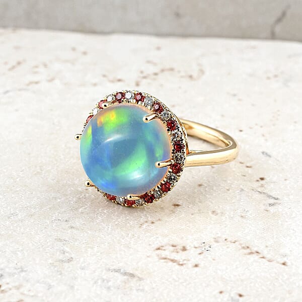 Certified & Appraised Luxoro AAA Ethiopian Welo Opal Padparadscha Sapphire And G-H I2 Diamond 7.30 Ctw Ring In 14K Yellow Gold 4.30 Grams