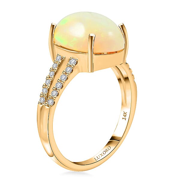 Certified & Appraised Luxoro AAA Ethiopian Welo Opal And G-H I2 Diamond 4.80 Ctw Ring In 14K Yellow Gold 4 Grams