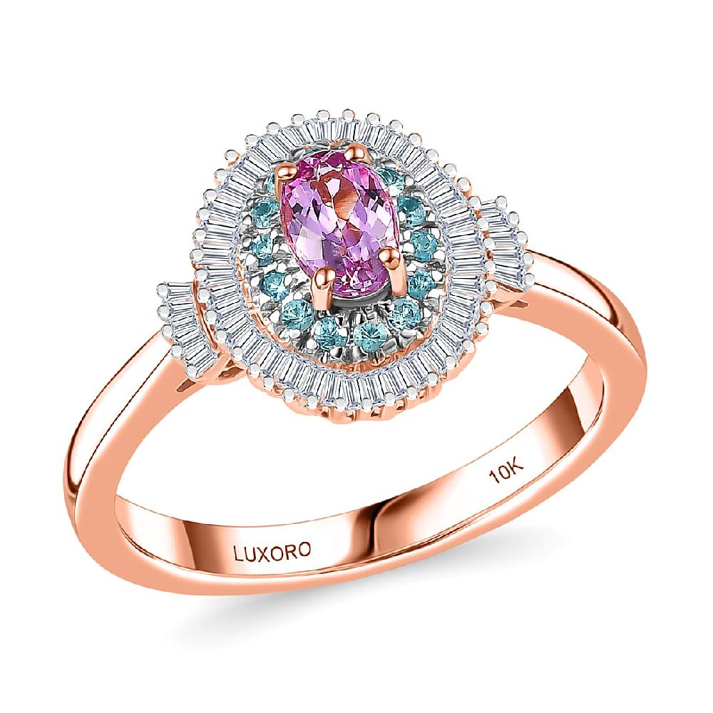 Certified & Appraised Luxoro AAA Imperial Topaz Paraiba Tourmaline and G-H I2 Diamond 1.00 ctw Ring in 10K Rose Gold