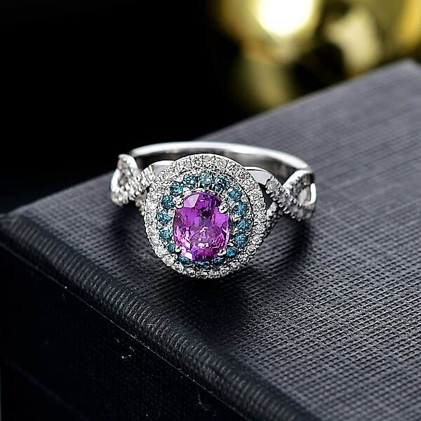 Certified & Appraised Luxoro AAA Lavender Sapphire Blue And I2 White Diamond 2.00 Ctw Ring In 14K White Gold 4.80 Grams