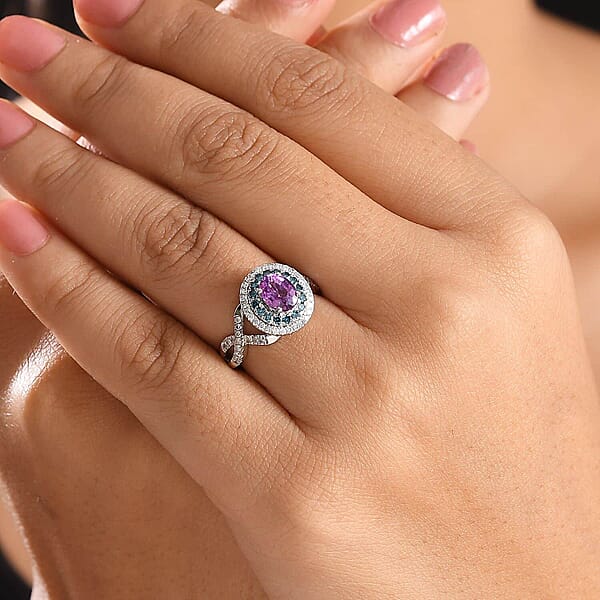 Certified & Appraised Luxoro AAA Lavender Sapphire Blue And I2 White Diamond 2.00 Ctw Ring In 14K White Gold 4.80 Grams