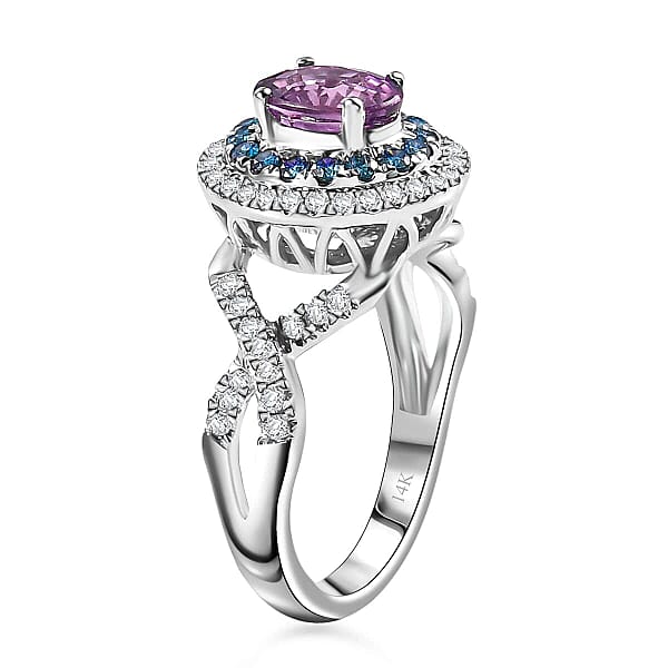 Certified & Appraised Luxoro AAA Lavender Sapphire Blue And I2 White Diamond 2.00 Ctw Ring In 14K White Gold 4.80 Grams