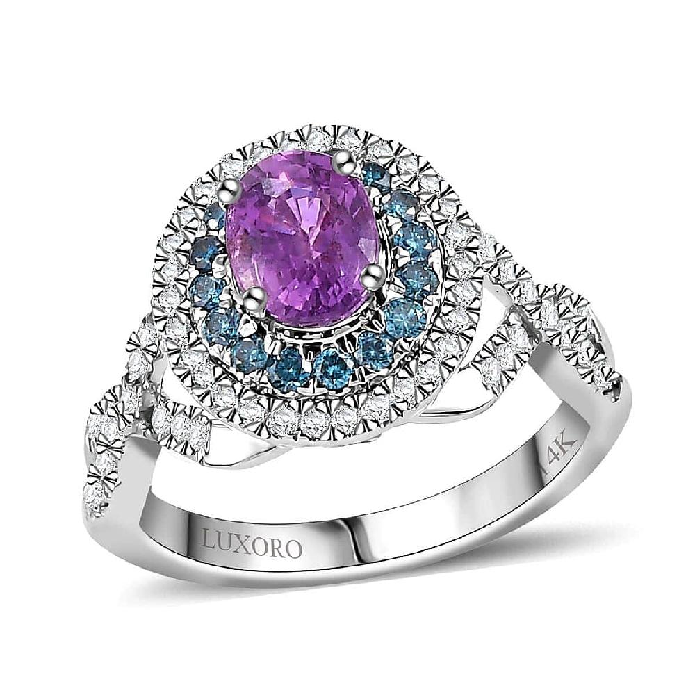 Certified & Appraised Luxoro AAA Lavender Sapphire Blue and I2 White Diamond 2.00 ctw Ring in 14K White Gold 4.80 Grams