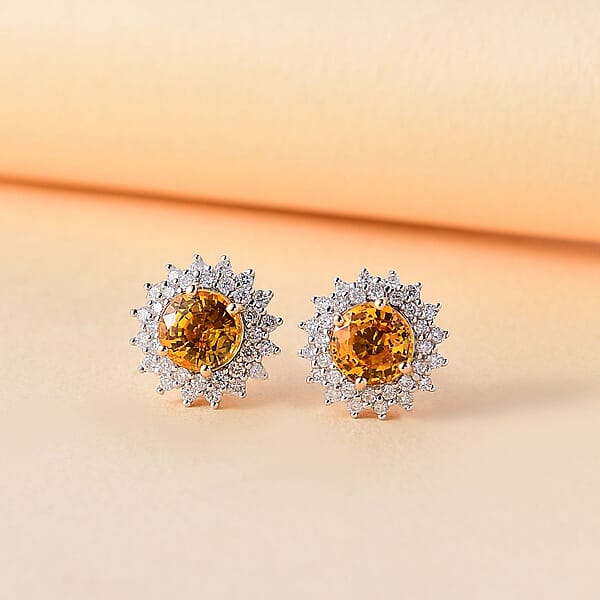 Certified & Appraised Luxoro AAA Madagascar Yellow Sapphire And G-H I2 Diamond 2.23 Ctw Sunburst Stud Earrings In 14K Yellow Gold
