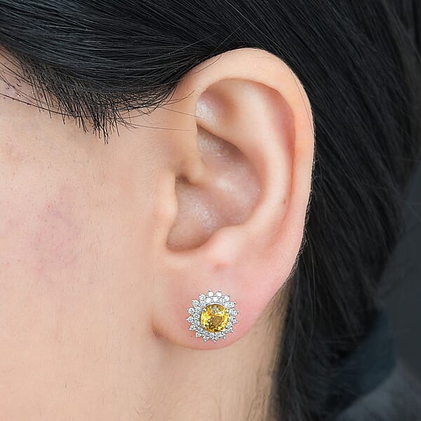 Certified & Appraised Luxoro AAA Madagascar Yellow Sapphire And G-H I2 Diamond 2.23 Ctw Sunburst Stud Earrings In 14K Yellow Gold