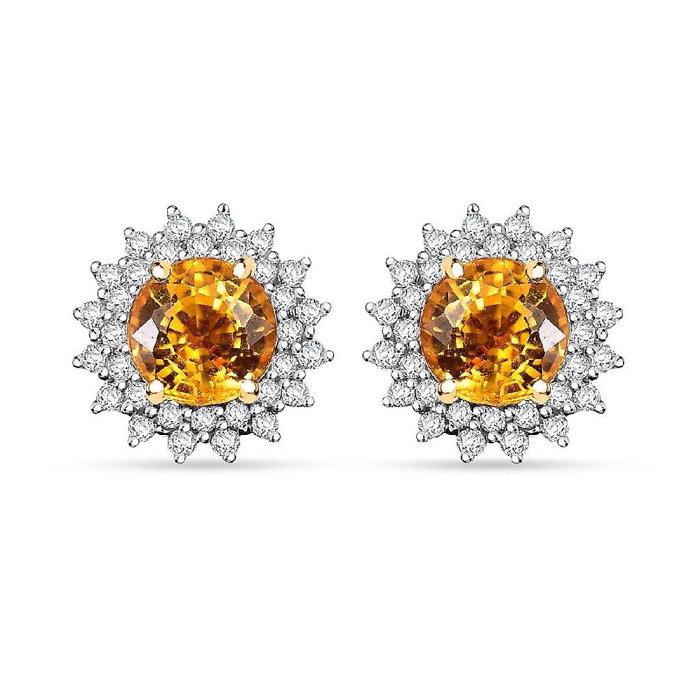 Certified & Appraised Luxoro AAA Madagascar Yellow Sapphire and G-H I2 Diamond 2.23 ctw Sunburst Stud Earrings in 14K Yellow Gold