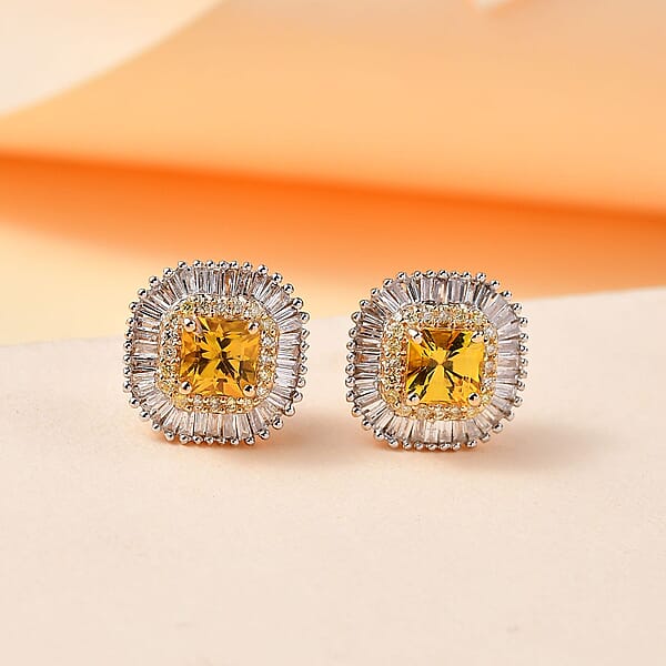 Certified & Appraised Luxoro AAA Madagascar Yellow Sapphire I2 White And Yellow Diamond 2.75 Ctw Double Halo Stud Earrings In 14K Yellow Gold