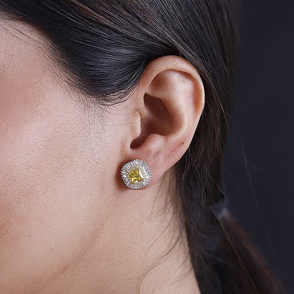 Certified & Appraised Luxoro AAA Madagascar Yellow Sapphire I2 White And Yellow Diamond 2.75 Ctw Double Halo Stud Earrings In 14K Yellow Gold