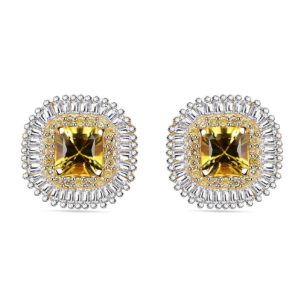 Certified & Appraised Luxoro AAA Madagascar Yellow Sapphire I2 White and Yellow Diamond 2.75 ctw Double Halo Stud Earrings in 14K Yellow Gold