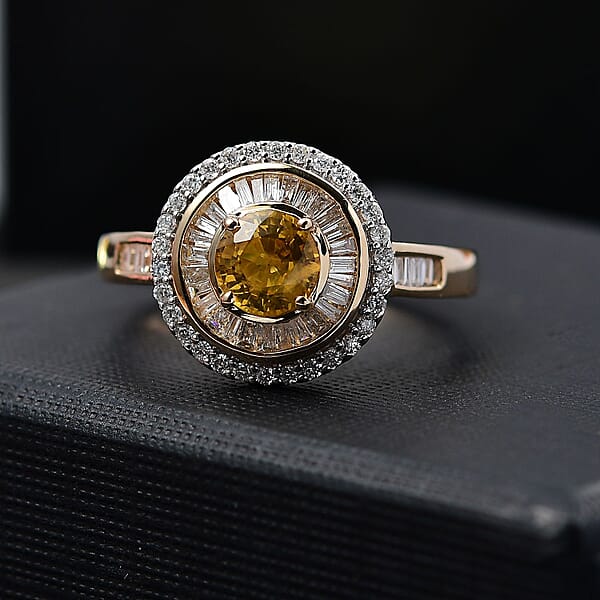 Certified & Appraised Luxoro AAA Madagascar Yellow Sapphire And I2 Diamond 2.00 Ctw Double Halo Ring In 14K Yellow Gold 4.88 Grams