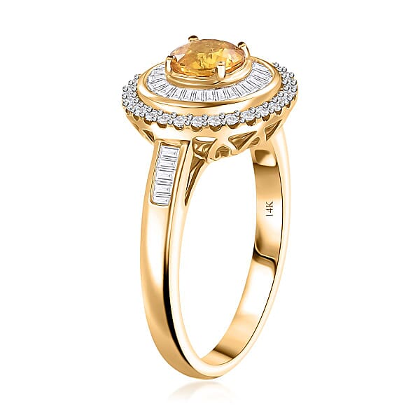 Certified & Appraised Luxoro AAA Madagascar Yellow Sapphire And I2 Diamond 2.00 Ctw Double Halo Ring In 14K Yellow Gold 4.88 Grams