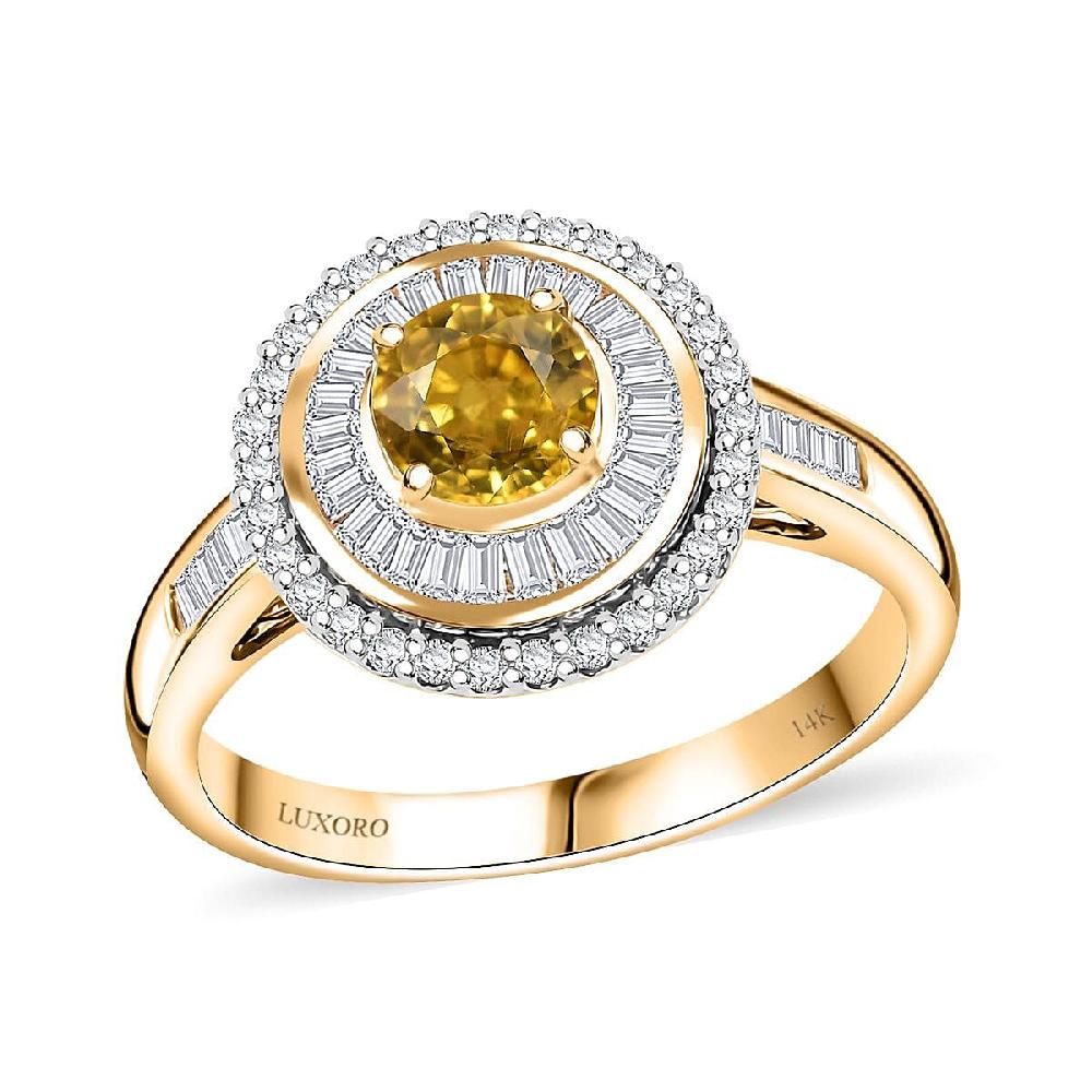 Certified & Appraised Luxoro AAA Madagascar Yellow Sapphire and I2 Diamond 2.00 ctw Double Halo Ring in 14K Yellow Gold 4.88 Grams