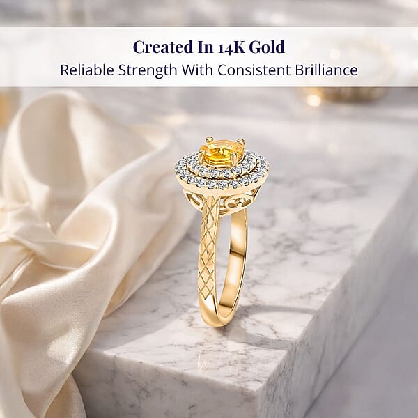 Certified & Appraised Luxoro AAA Madagascar Yellow Sapphire And G-H I2 Diamond 1.50 Ctw Ring In 14K Yellow Gold 4.90 Grams