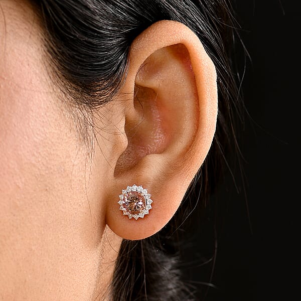 Certified & Appraised Luxoro AAA Marropino Morganite And G-H I2 Diamond 3.22 Ctw Stud Earrings In 10K Rose Gold (Del. In 10-15 Days)