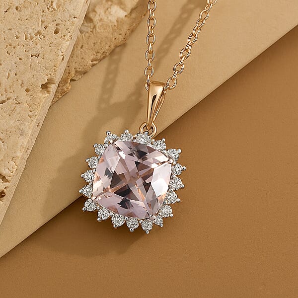 Certified & Appraised Luxoro AAA Marropino Morganite And G-H I2 Diamond 3.74 Ctw Pendant Necklace In 10K Rose Gold 20 Inches (Del. In 10-15 Days)