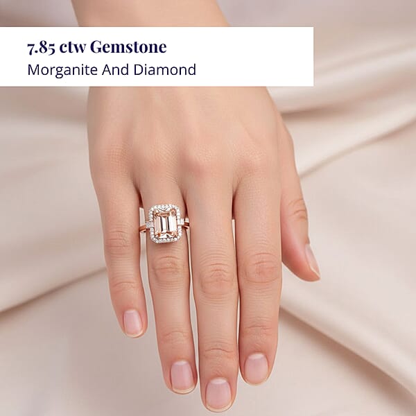 Certified & Appraised Luxoro AAA Marropino Morganite And G-H I2 Diamond 7.85 Ctw Ring In 14K Rose Gold 5.60 Grams