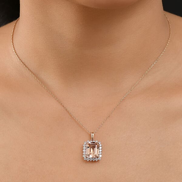 Certified & Appraised Luxoro AAA Marropino Morganite And G-H I2 Diamond 6.43 Ctw Pendant Necklace In 10K Rose Gold 20 Inches (Del. In 10-15 Days)