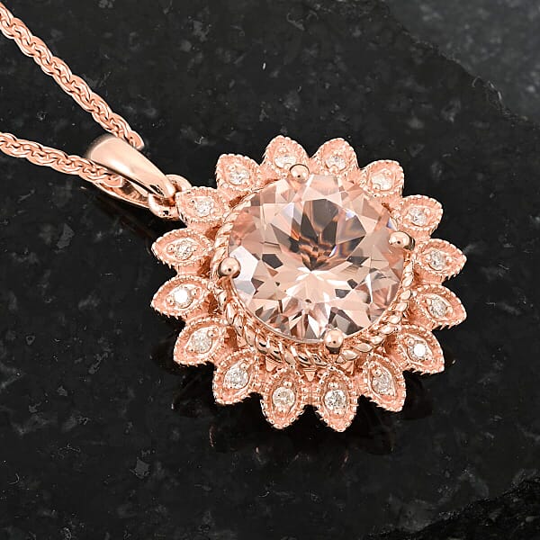 Certified & Appraised Luxoro AAA Marropino Morganite And G-H I2 Diamond 3.50 Ctw Pendant Necklace In 10K Rose Gold 18 Inches