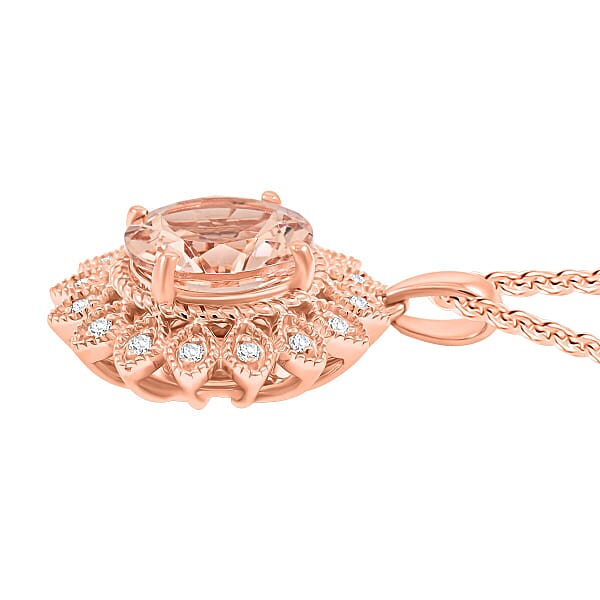 Certified & Appraised Luxoro AAA Marropino Morganite And G-H I2 Diamond 3.50 Ctw Pendant Necklace In 10K Rose Gold 18 Inches