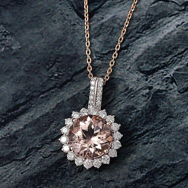 Certified & Appraised Luxoro AAA Marropino Morganite And G-H I2 Diamond 4.02 Ctw Pendant Necklace In 10K Rose Gold 20 Inches (Del. In 10-15 Days)
