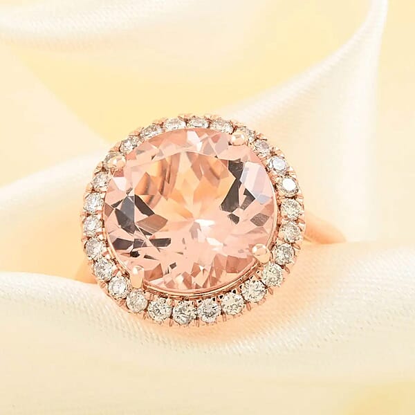Certified & Appraised Luxoro AAA Marropino Morganite And I2 Diamond 4.65 Ctw Halo Ring In 14K Rose Gold