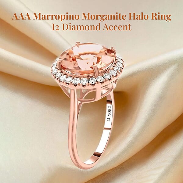 Certified & Appraised Luxoro AAA Marropino Morganite And I2 Diamond 4.65 Ctw Halo Ring In 14K Rose Gold