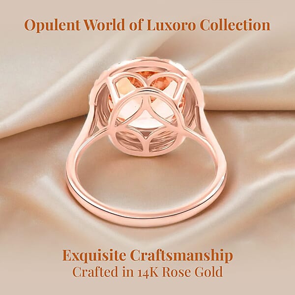 Certified & Appraised Luxoro AAA Marropino Morganite And I2 Diamond 4.65 Ctw Halo Ring In 14K Rose Gold