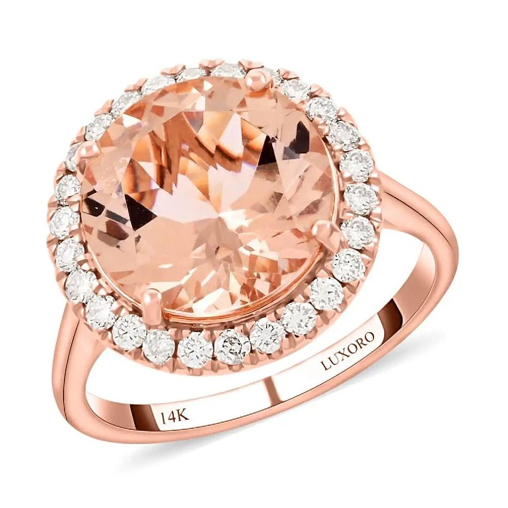 Certified & Appraised Luxoro AAA Marropino Morganite and I2 Diamond 4.65 ctw Halo Ring in 14K Rose Gold