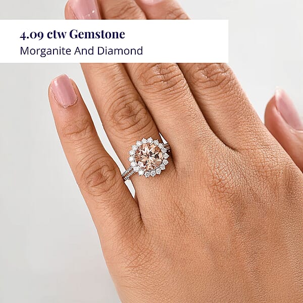 Certified & Appraised Luxoro AAA Marropino Morganite And G-H I2 Diamond 4.09 Ctw Ring In 10K Rose Gold (Del. In 10-15 Days)
