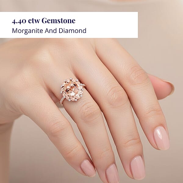 Certified & Appraised Luxoro AAA Marropino Morganite And G-H I2 Diamond 4.40 Ctw Ring In 10K Rose Gold 4.10 Grams