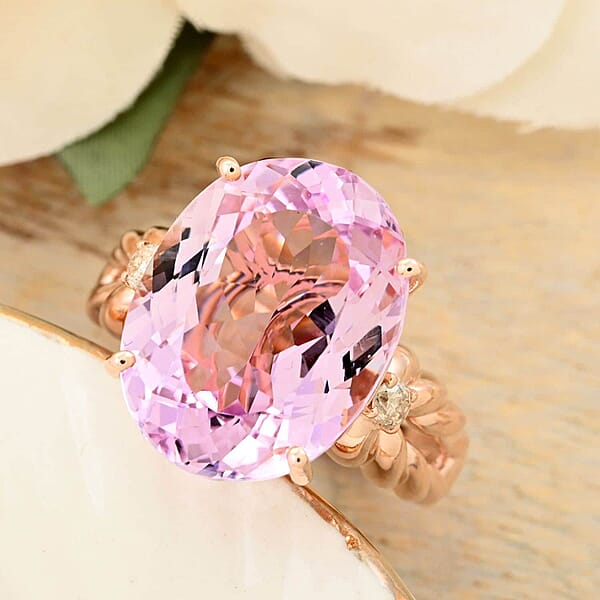 Certified & Appraised Luxoro AAA Martha Rocha Kunzite And G-H I2 Diamond 12.00 Ctw Ring In 10K Rose Gold 5 Grams