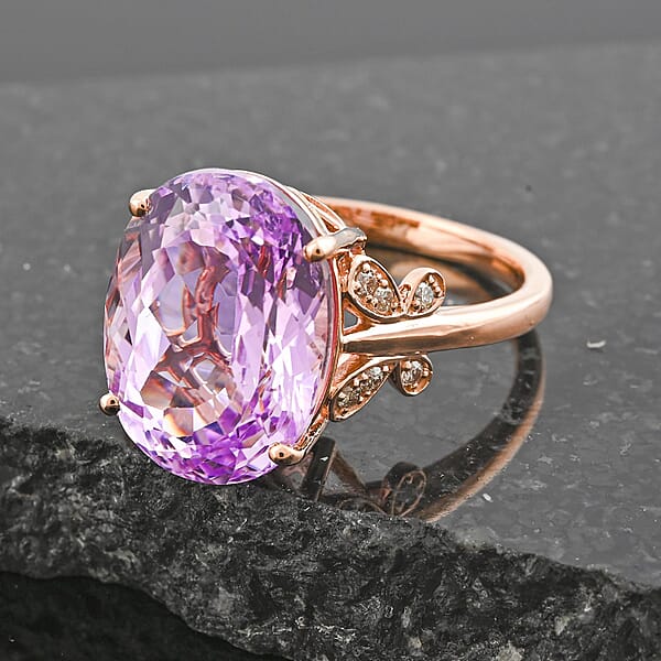 Certified & Appraised Luxoro AAA Martha Rocha Kunzite And I2 Diamond 13.10 Ctw Ring In 10K Rose Gold 4.56 Grams