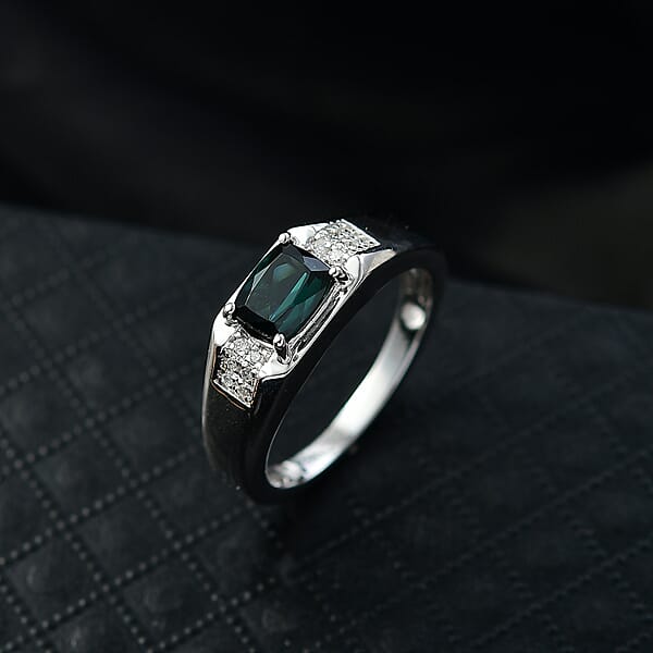 Certified & Appraised Luxoro AAA Monte Belo Indicolite And I2 Diamond 1.50 Ctw Men's Ring In 10K White Gold 4.68 Grams
