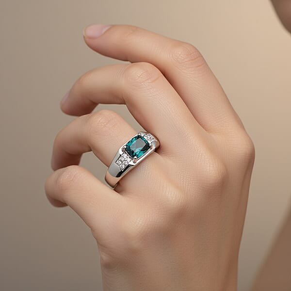 Certified & Appraised Luxoro AAA Monte Belo Indicolite And I2 Diamond 1.50 Ctw Men's Ring In 10K White Gold 4.68 Grams