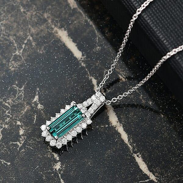 Certified & Appraised Luxoro AAA Monte Belo Indicolite And I2 Diamond 1.51 Ctw Pendant Necklace In 10K White Gold 20 Inches