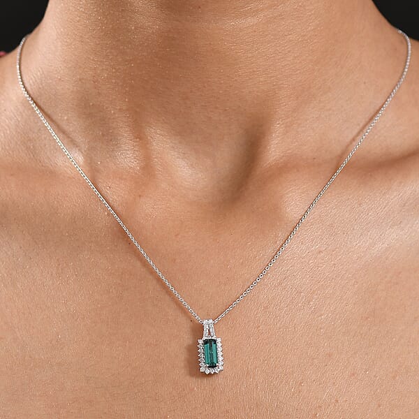 Certified & Appraised Luxoro AAA Monte Belo Indicolite And I2 Diamond 1.51 Ctw Pendant Necklace In 10K White Gold 20 Inches
