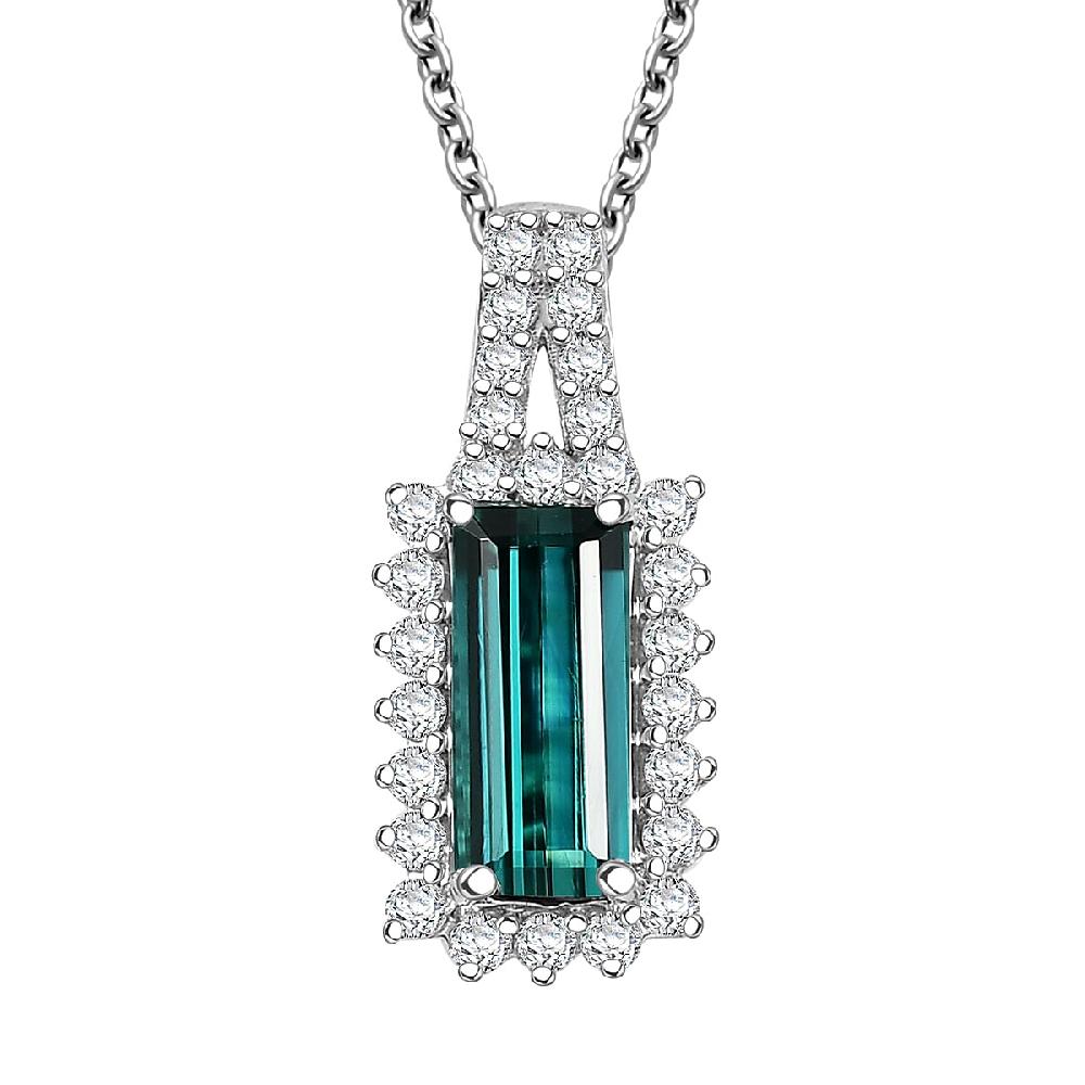Certified & Appraised Luxoro AAA Monte Belo Indicolite and I2 Diamond 1.51 ctw Pendant Necklace in 10K White Gold 20 Inches