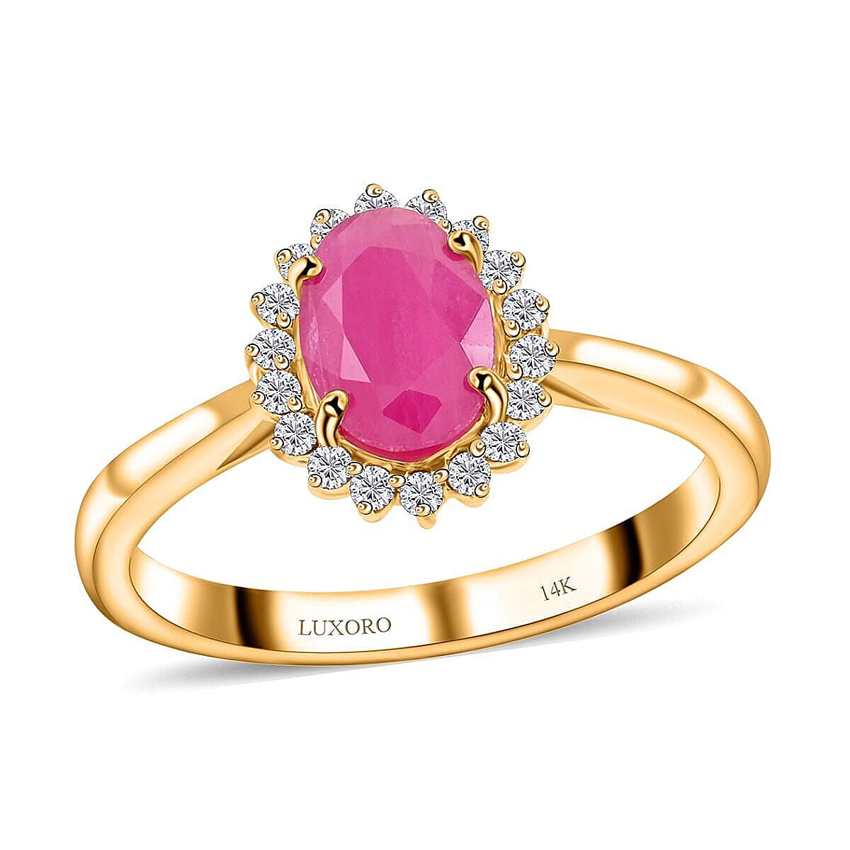 Certified & Appraised Luxoro AAA Montepuez Ruby and G-H I2 Diamond 1.50 ctw Halo Ring in 14K Yellow Gold