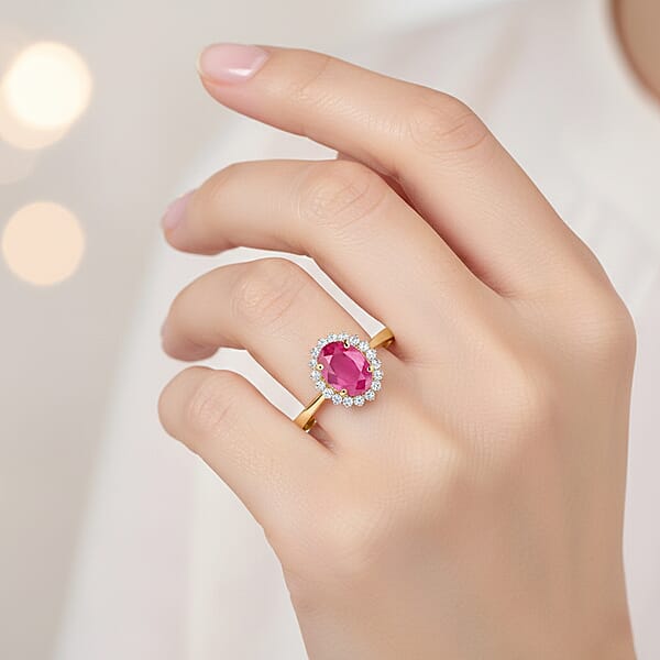 Certified & Appraised Luxoro AAA Montepuez Ruby And G-H I2 Diamond 1.50 Ctw Halo Ring In 14K Yellow Gold