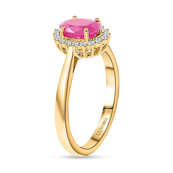 Certified & Appraised Luxoro AAA Montepuez Ruby And G-H I2 Diamond 1.50 Ctw Halo Ring In 14K Yellow Gold
