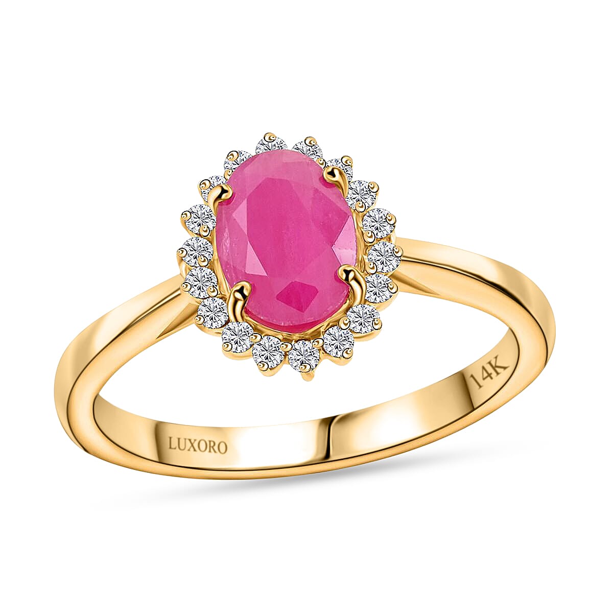 Certified & Appraised Luxoro AAA Montepuez Ruby and G-H I2 Diamond 1.50 ctw Halo Ring in 14K Yellow Gold