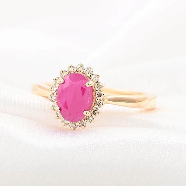 Certified & Appraised Luxoro AAA Montepuez Ruby And G-H I2 Diamond 1.50 Ctw Halo Ring In 14K Yellow Gold