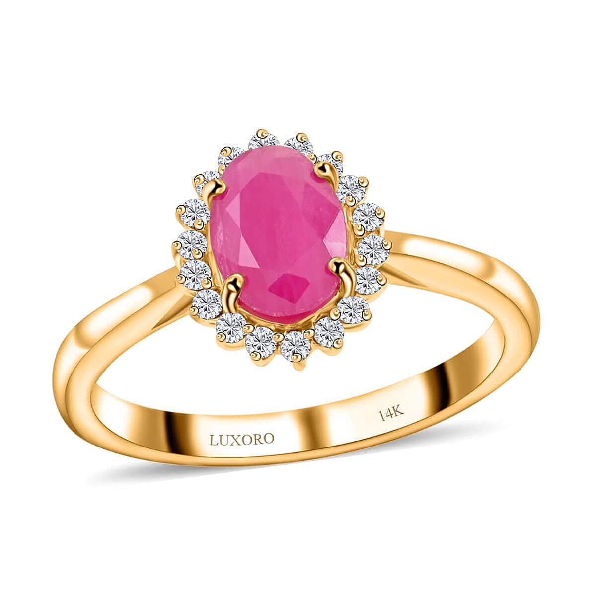 Certified & Appraised Luxoro AAA Montepuez Ruby and G-H I2 Diamond 1.50 ctw Halo Ring in 14K Yellow Gold