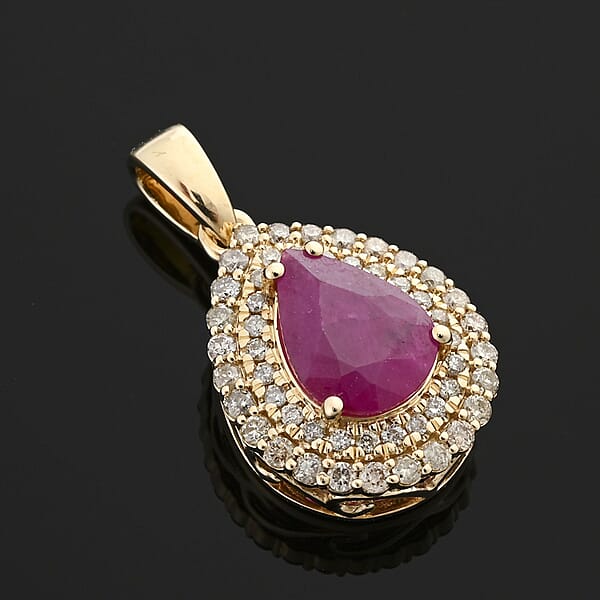 Certified & Appraised Luxoro AAA Mozambique Ruby And G-H I2 Diamond 2.15 Ctw Double Halo Pendant Without Chain In 14K Yellow Gold