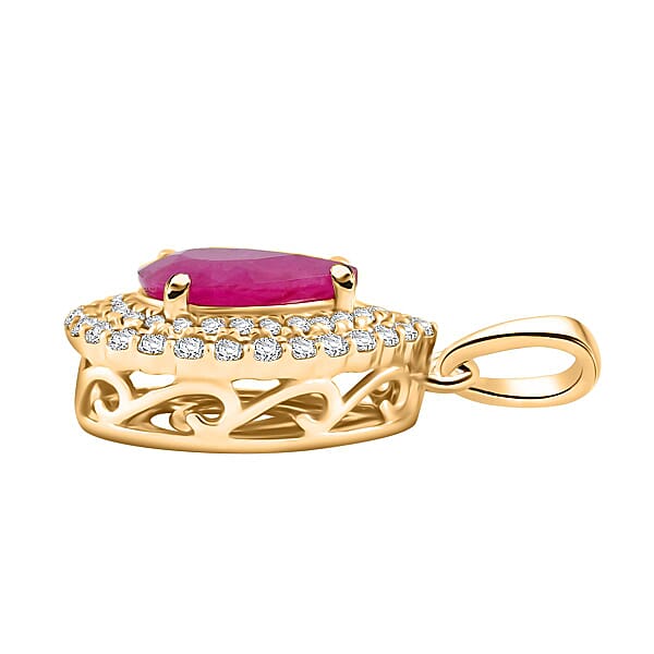 Certified & Appraised Luxoro AAA Mozambique Ruby And G-H I2 Diamond 2.15 Ctw Double Halo Pendant Without Chain In 14K Yellow Gold