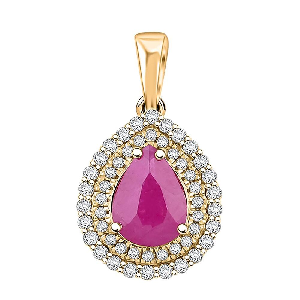 Certified & Appraised Luxoro AAA Mozambique Ruby and G-H I2 Diamond 2.15 ctw Double Halo Pendant without Chain in 14K Yellow Gold