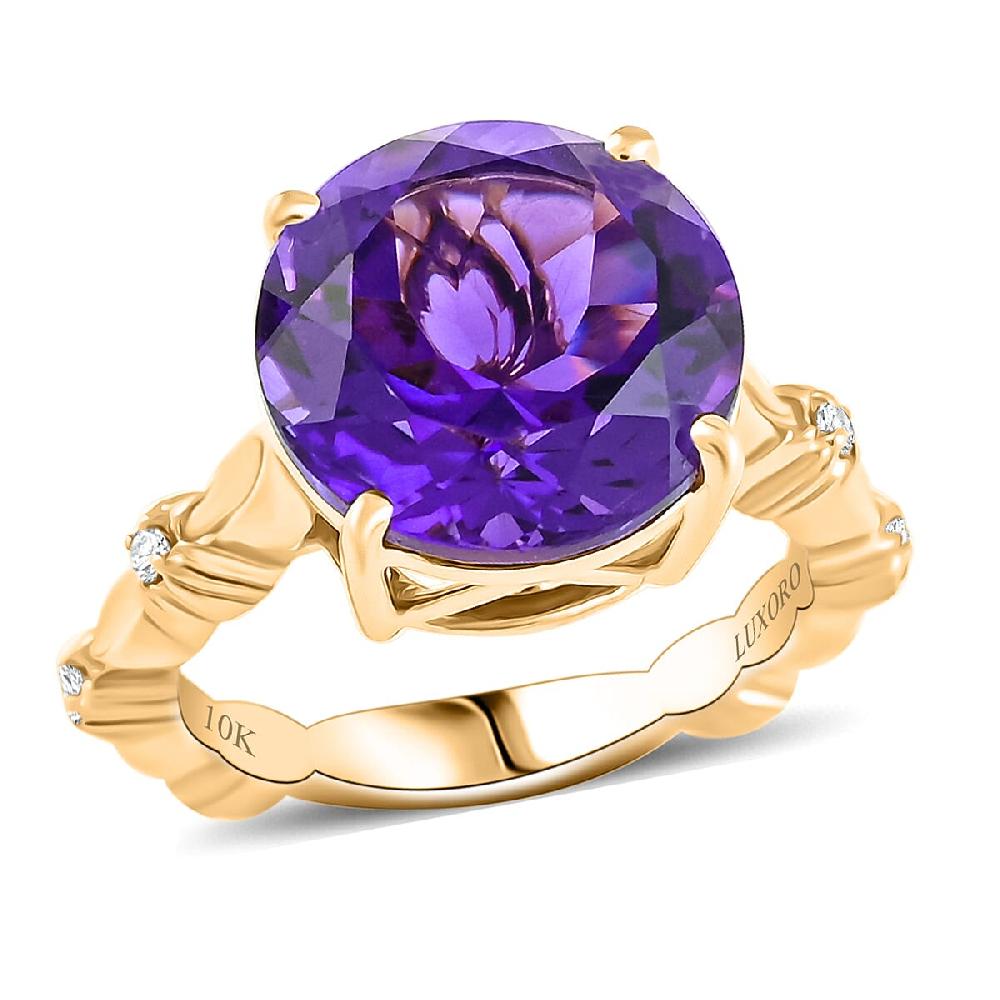 Certified & Appraised Luxoro AAA Natural Lusaka Amethyst and G-H I2 Diamond 6.52 ctw Ring in 10K Yellow Gold 4.60 Grams