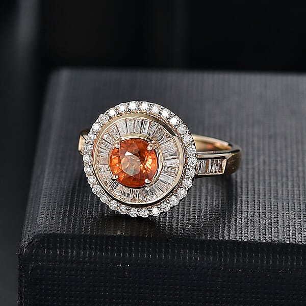 Certified & Appraised Luxoro AAA Orange Sapphire And I2 Diamond 2.00 Ctw Ring In 14K Yellow Gold 5.27 Grams